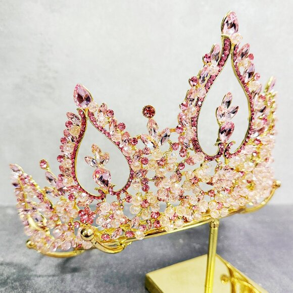 Bridal Tiara Crown, Gold Crystal Beaded Headpiece, Gold Pageant Crown - Picture 2 of 8